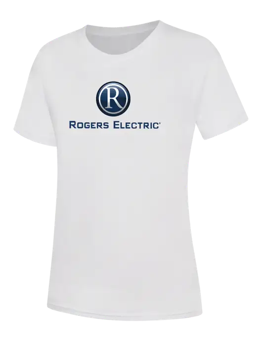 Womens White Core Blend Tee w/Rogers Electric Logo